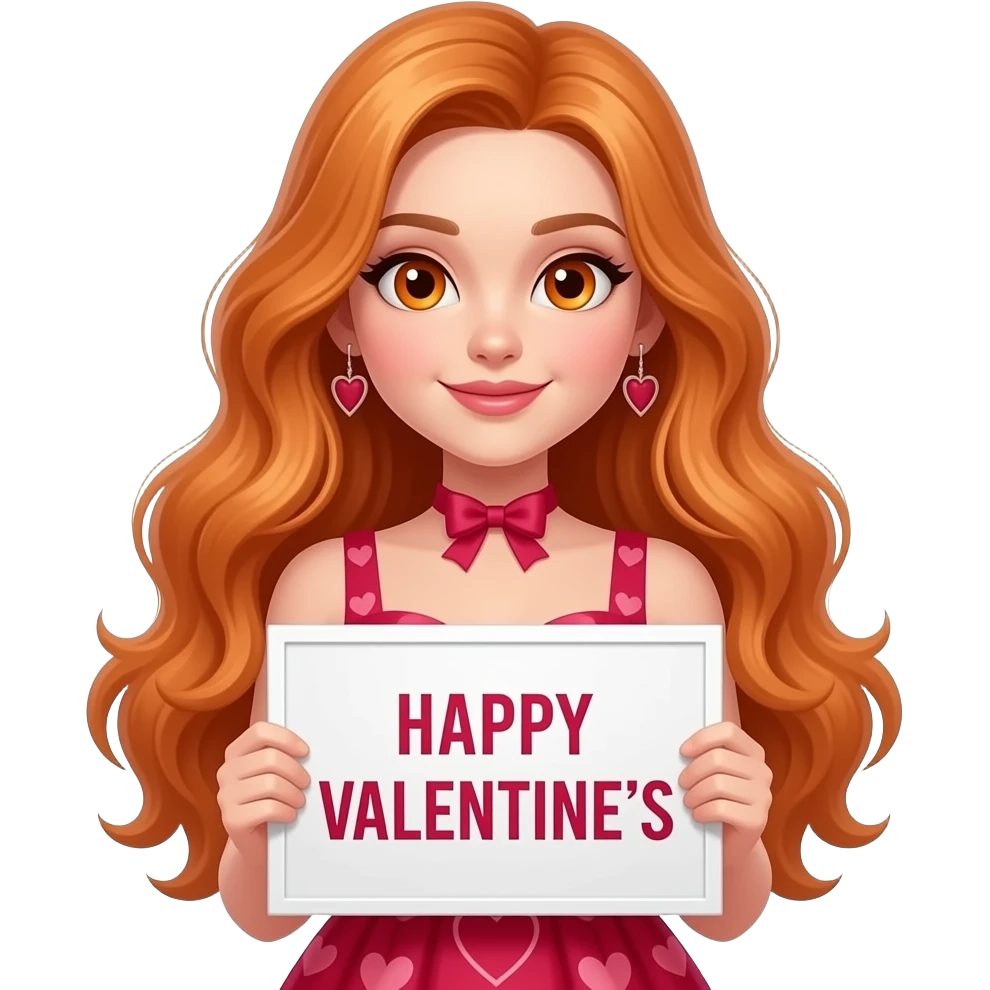 sexy girl with overlong ginger hair and ginger eyes wearing a valentine dress holding a HAPPY VALENTINE'S sign emoji