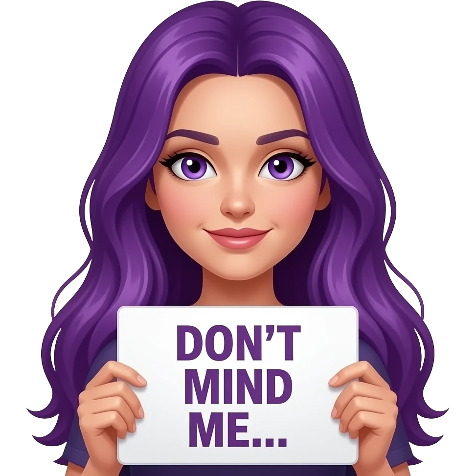 sexy girl with long purple hair and purple eyes holding a DON'T MIND ME... sign emoji