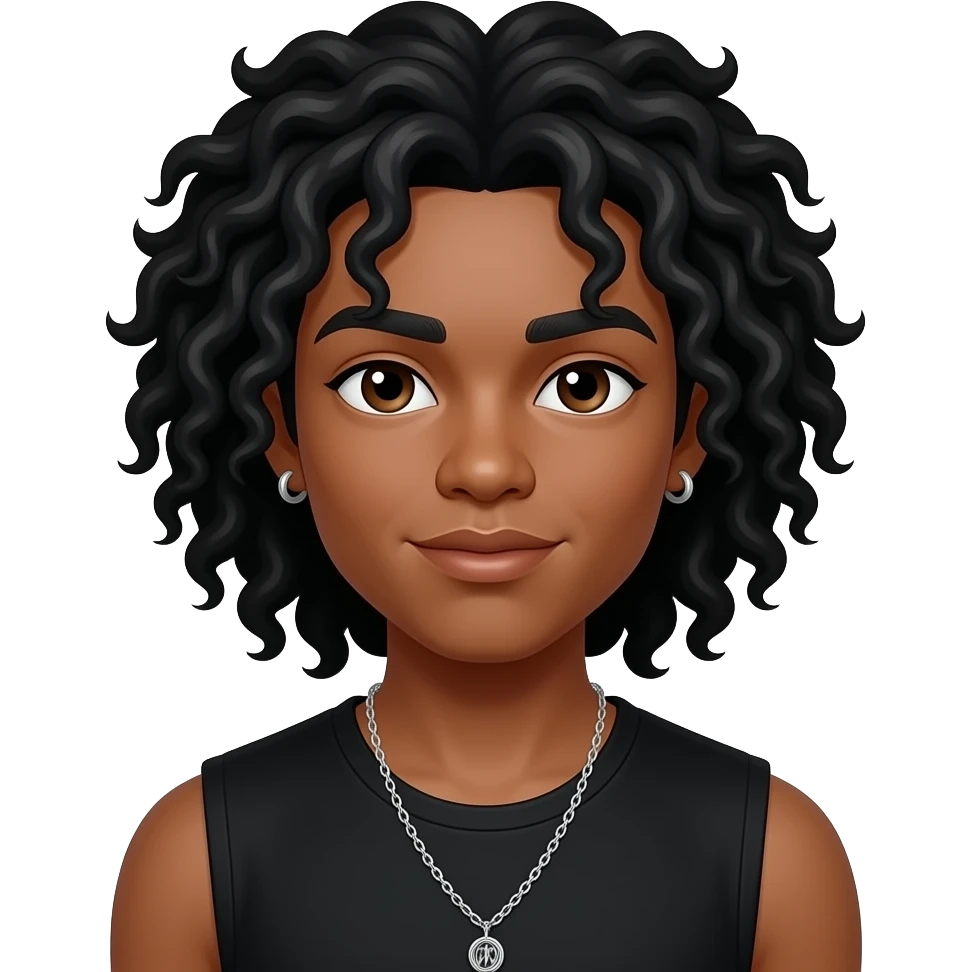 Princeton from Mindless Behavior with medium dark skin, dark brown eyes, long black afro hair, black sleeveless shirt, necklace and earrings emoji