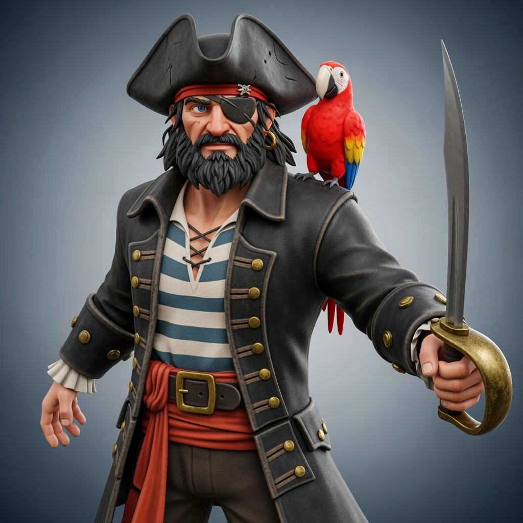 3d illustration of a pirate with eye patch and parrot emoji