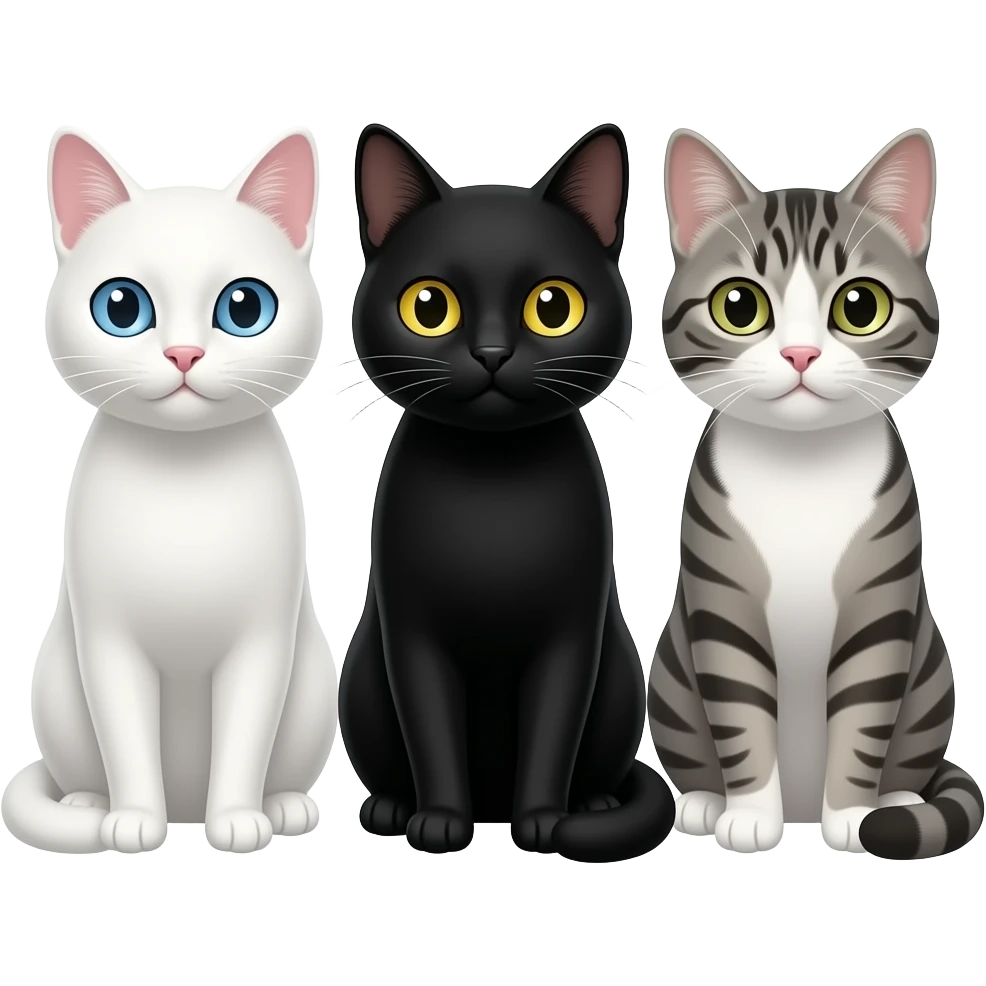 Gato blanco de ojos azules, gata negra ojos amarillos y gata ploma con blanco unidos emoji