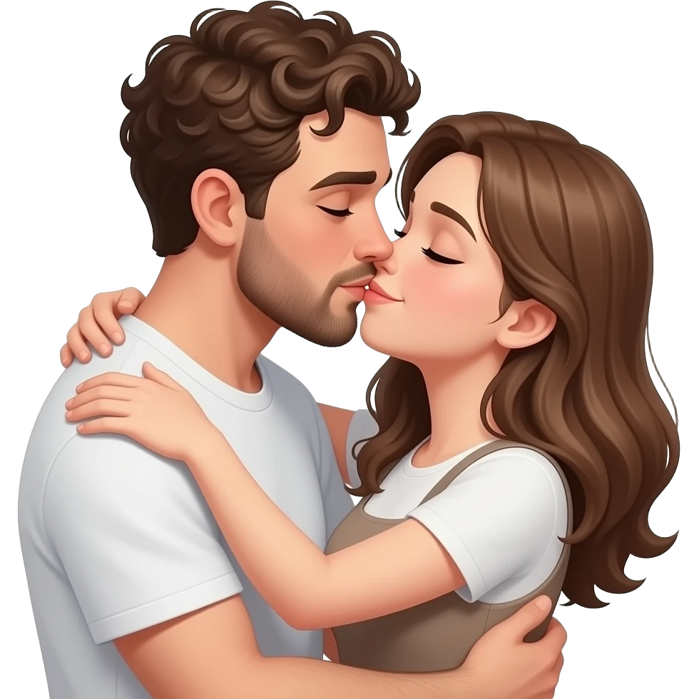 Realistic white man super short curly brown hair with beard kissing passionately and hugging realistic white girl brown hair emoji