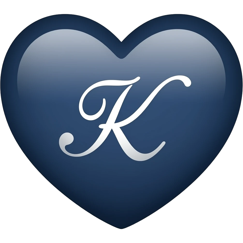 dark deep blue heart with cursive small letter K inside emoji