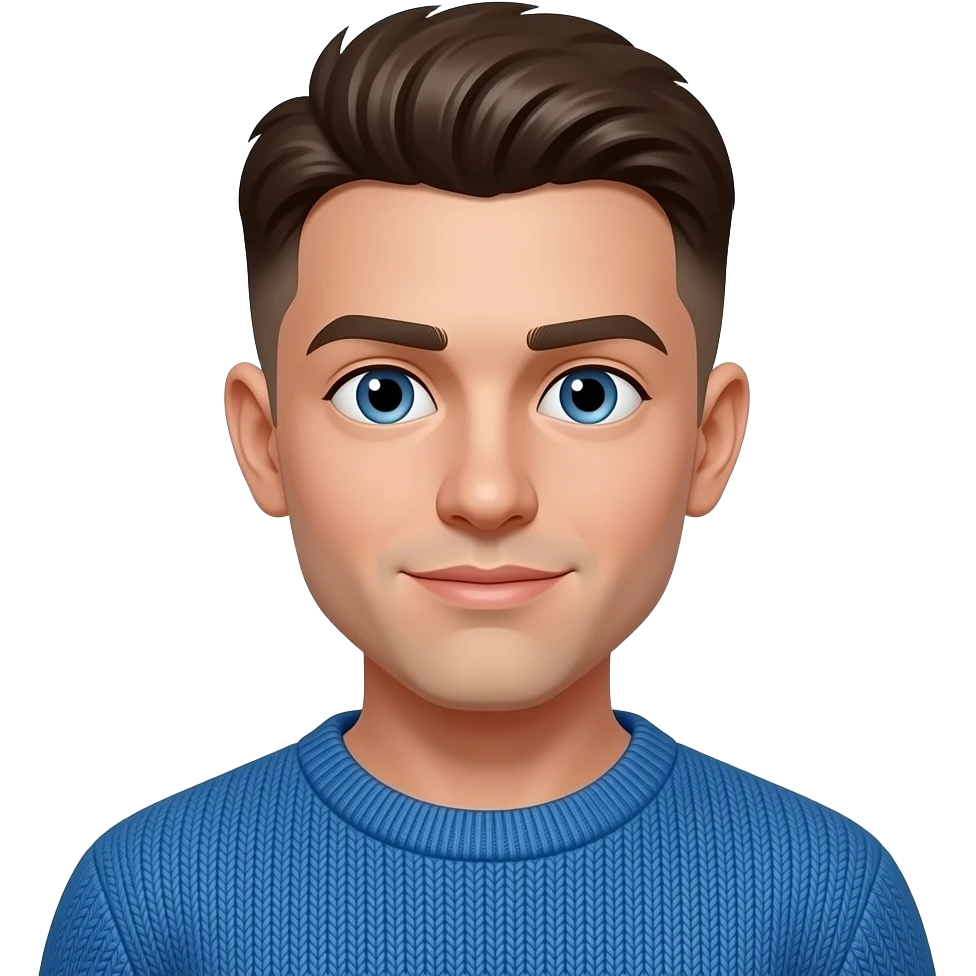 BW - young man, blue eyes, early 20s, light brown skin fade short on top hair, blue jumper emoji