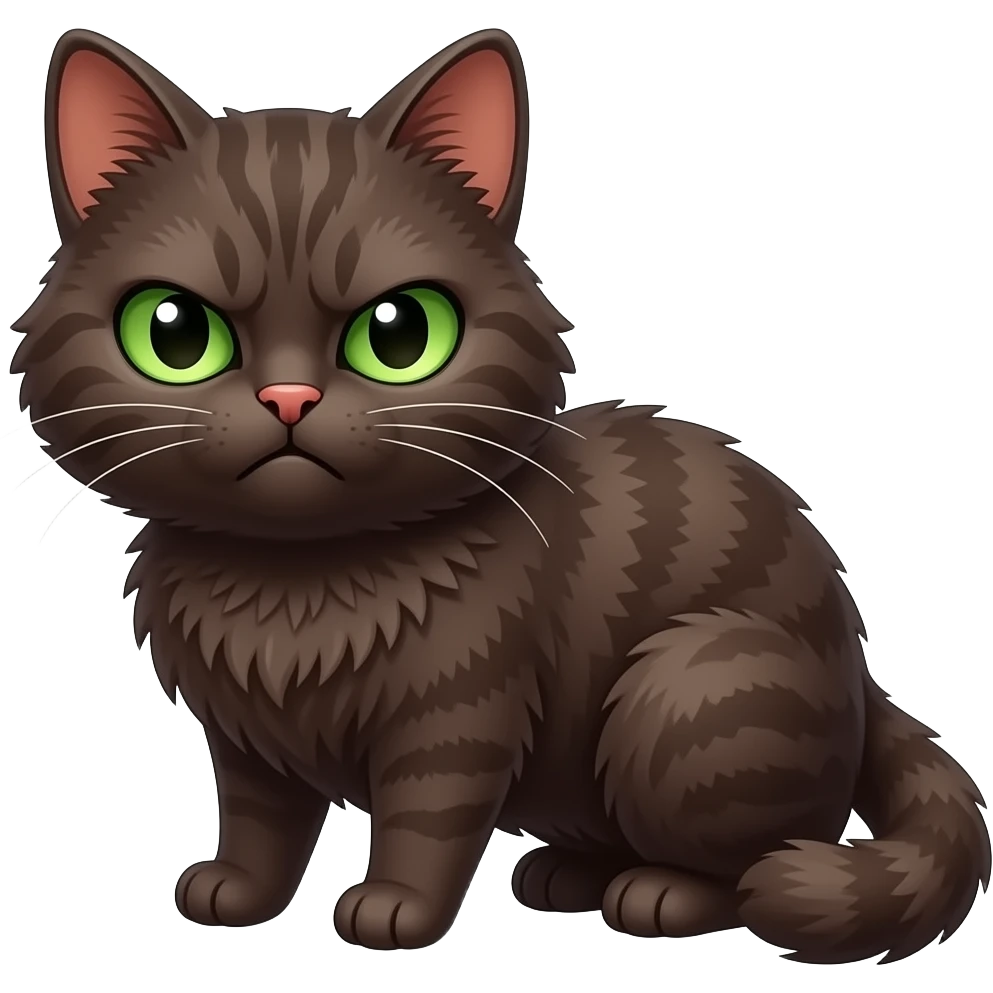 Cute annoyed grumpy dark brown scrunkly cat with green eyes saying “YES” in green letters emoji