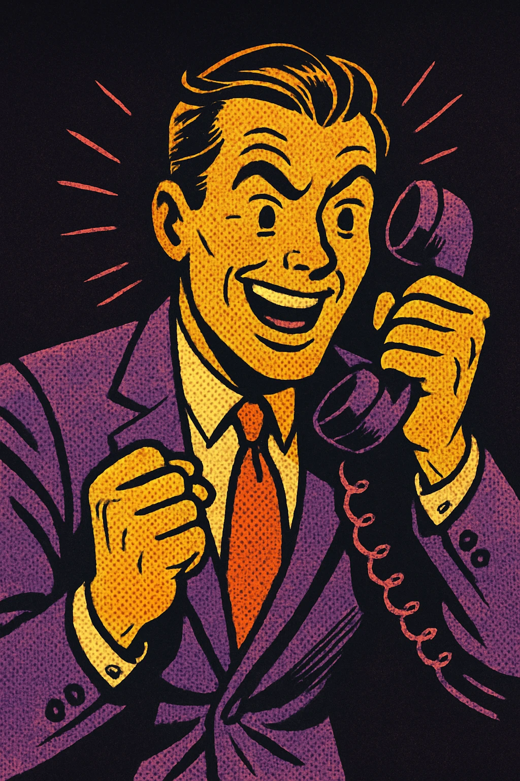 businessman, warm palette in yellow, orange, purple, violet gradient tones, dark solid bg emoji