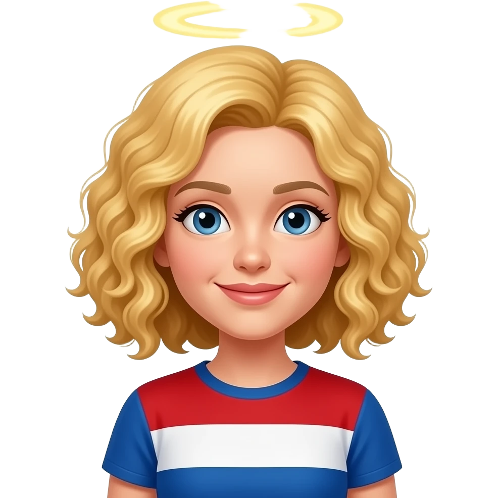 blonde curly bob  with halo on top of head in red, white and blue shirt emoji