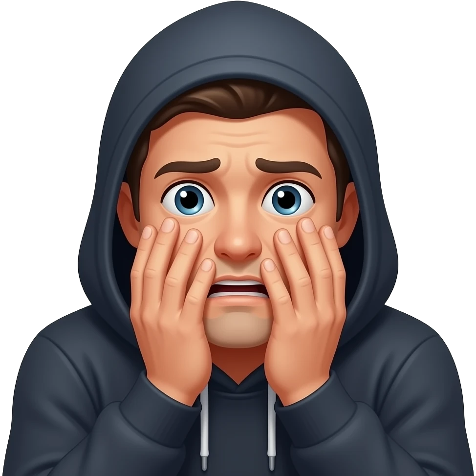 Frightened man crouching covering his face in fear emoji