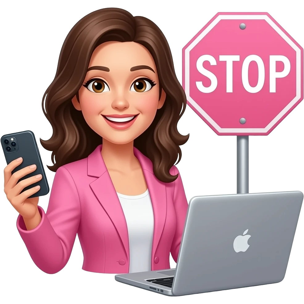 brunette woman wearing pink blazer smiling talking on her smart phone with a laptop open. pink stop sign in the background emoji
