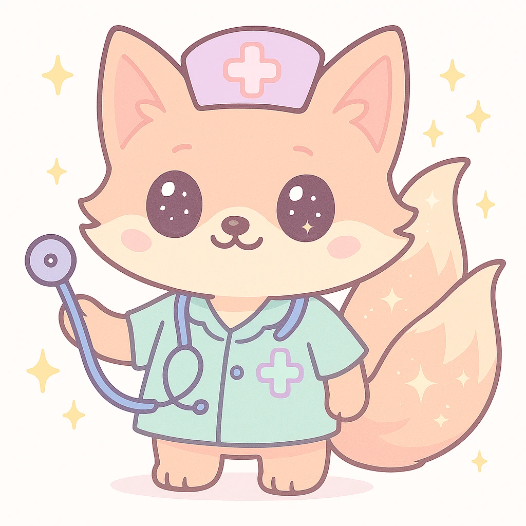 Make the kitsune fox medic even cuter in the kawaii style, with bigger eyes, fluffier tails, and enhanced magical kitsune features, emphasizing adorable and charming elements. emoji