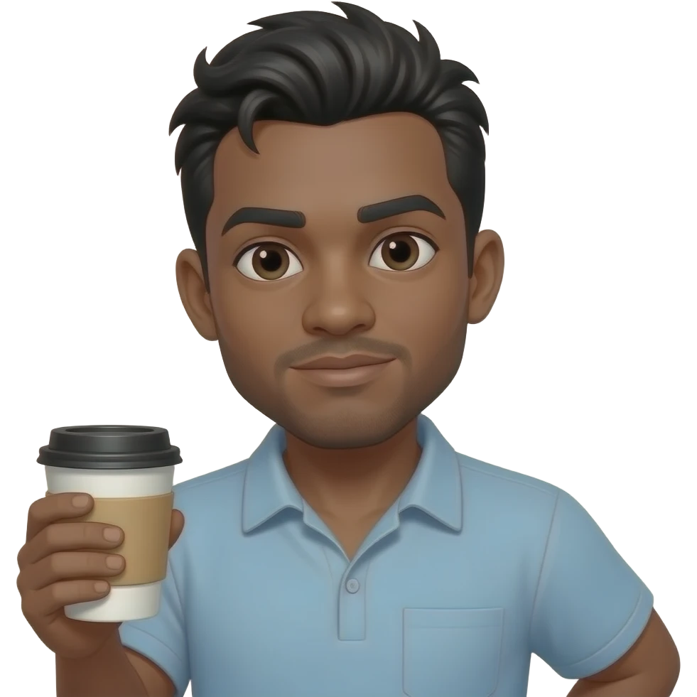 Brown male, black tapered messy hair, Blank face, slightly slouched, holding coffee emoji