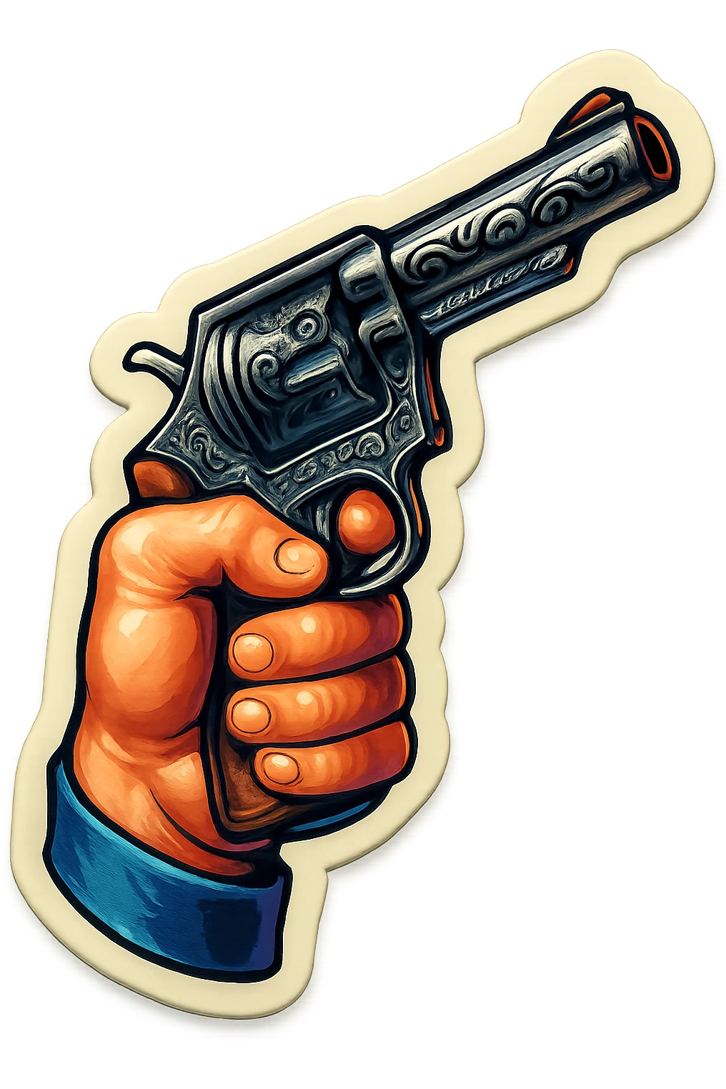 male hand holding a revolver with engraving, retro stickers style, sharp black outlines, expressive shadows and highlights, no gradients, only sharp color transitions emoji