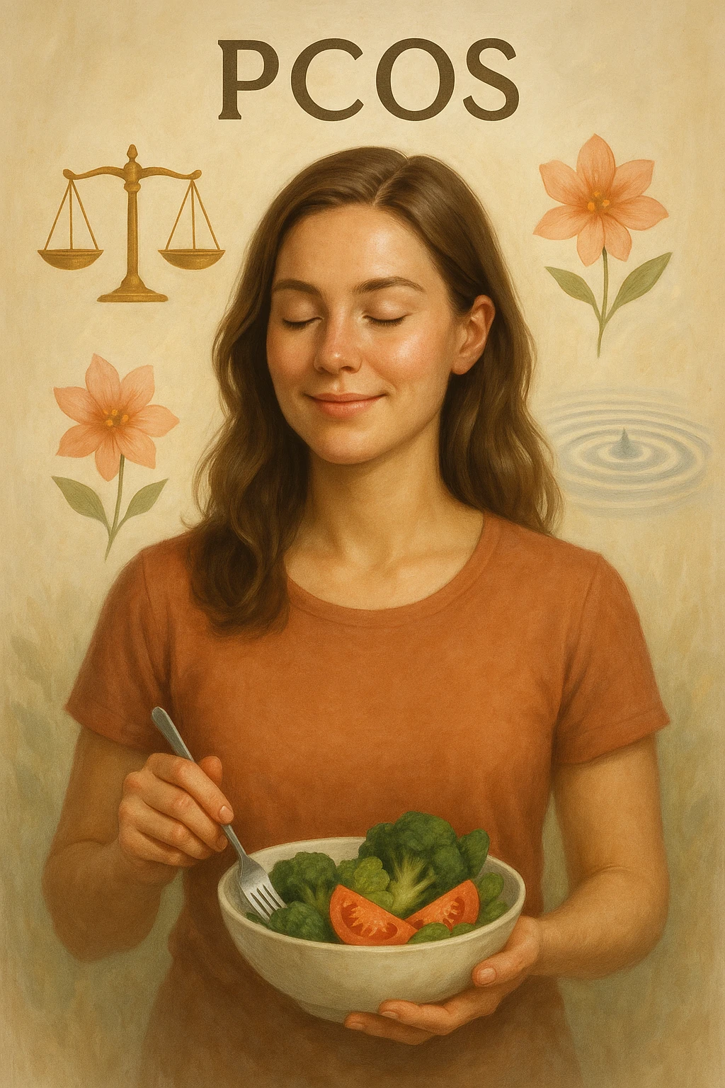 Realistic and cinematic vertical 2:3 illustration of a woman with PCOS showing signs of well-being, low inflammation and stable cortisol thanks to healthy eating. Positive atmosphere with symbols of hormonal balance and health, very few writings. emoji