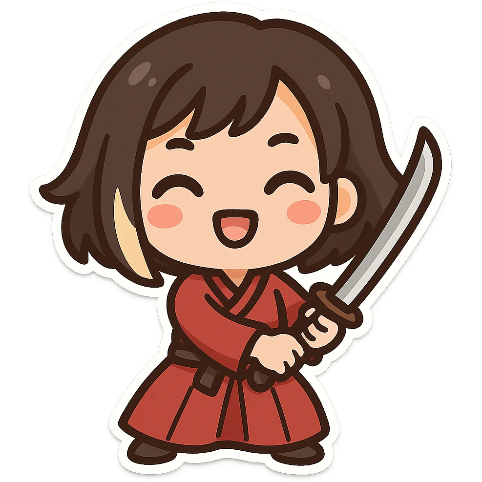 Convert this image to Twitch emoji format: chibi kawaii samurai girl with short hair and one streak of blonde in her hair, simplified details, bold outlines, clear facial expression, transparent background, sized for Twitch emoji use. emoji