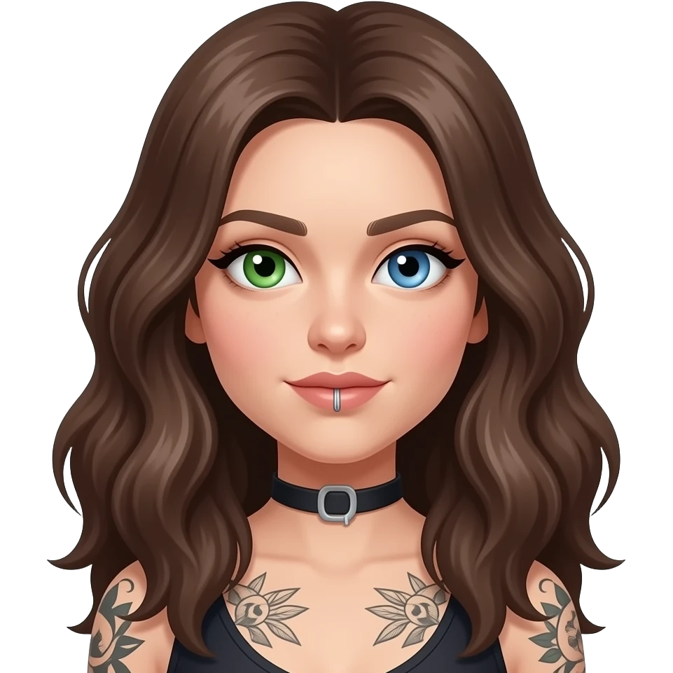 white long wavy haired brunette woman with one green eye one blue eye tattoos a philtrum piercing and a thin streak of grey hair emoji