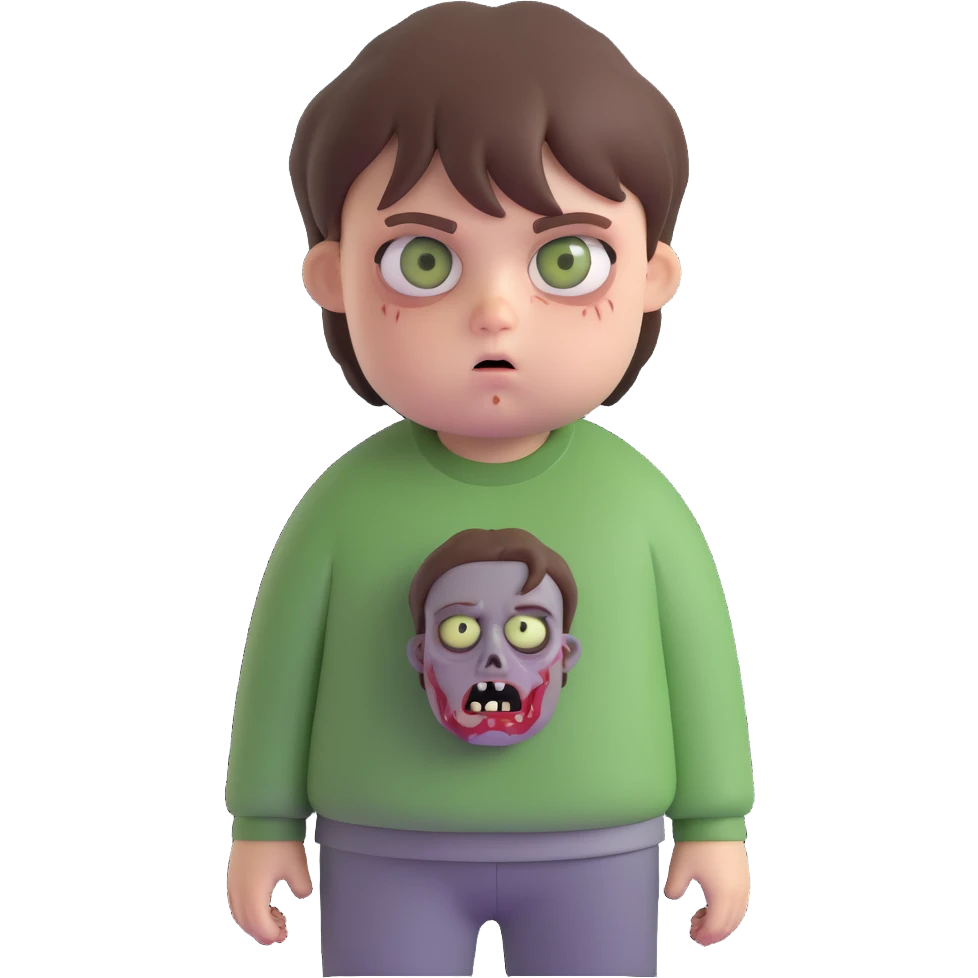 a little chubby teenage boy with brown emo hair, gray-green eyes, zombie emoji