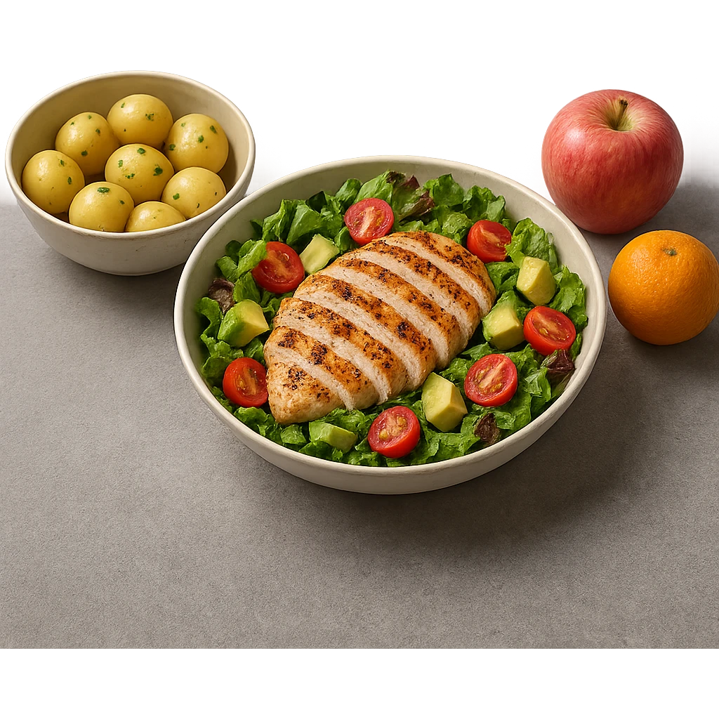 insalate con petto di pollo grigliato e bowl di patate cotte poggiate per terra e frutta fresca, iperrealistico 4k emoji