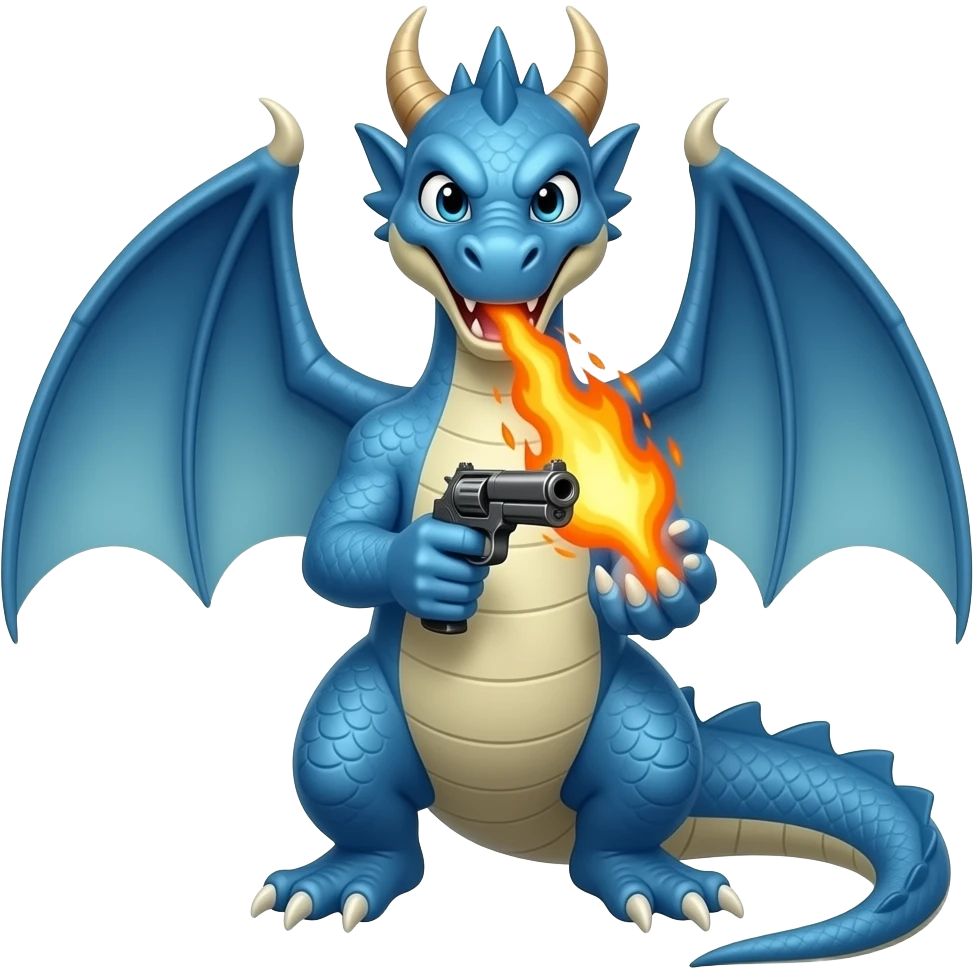 Blue dragon holding a gun front facing breathing fire emoji