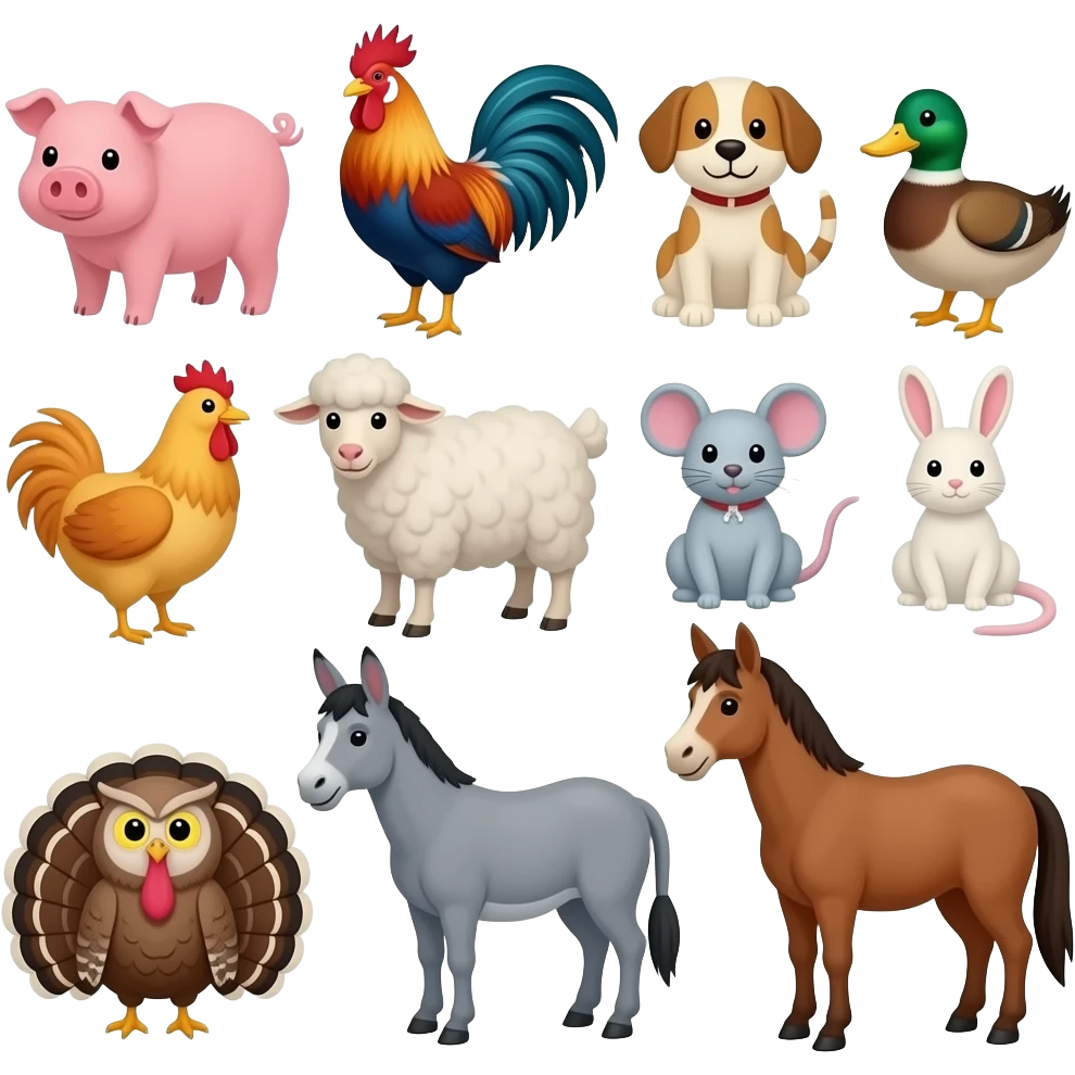 Cow, pig, rooster, dog, duck, cat, chicken, sheep, goat, mouse, rabbit, Turkey, owl, donkey, horse, and llama in the barn emoji