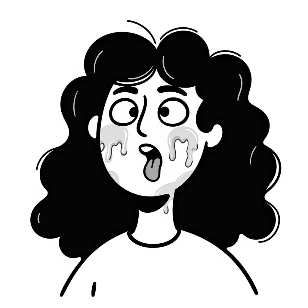 shocked woman with long messy curly black hair, thick goopy white liquid on cheeks, lips, tongue, tongue out, eyes wide open, gunk dripping and matting hair emoji