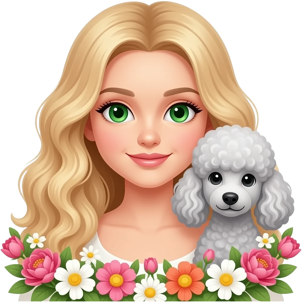 A beautiful girl with green eyes and-long blonde wavy hair a silver curly standard poodle in the flowers emoji