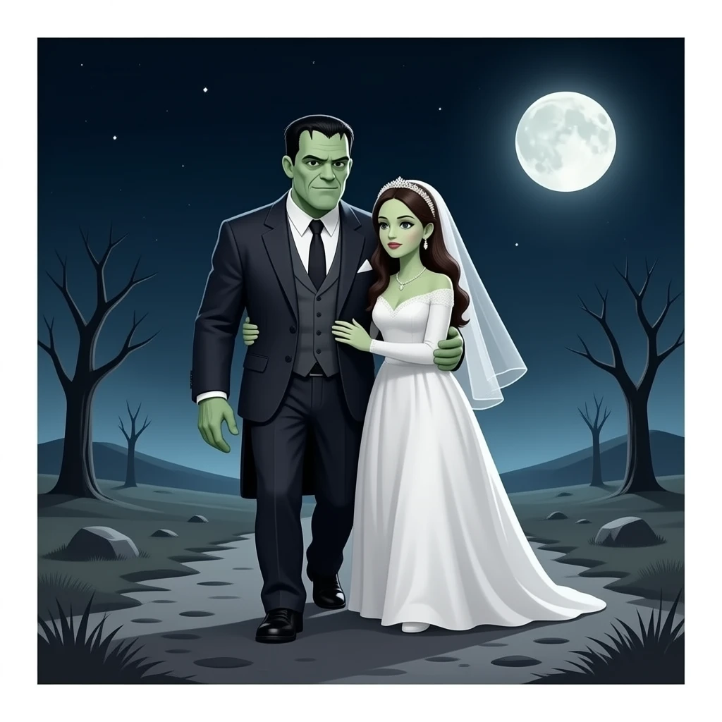 steampunk  - Frankenstein Monster embraces his monstrous bride while walking through a desolate night landscape emoji