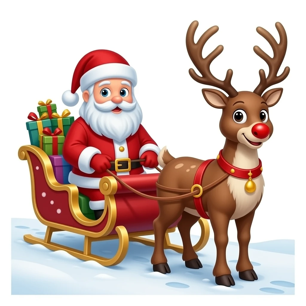 Santa and Rudolph the red nosed reindeer with his sleigh in the north pole emoji