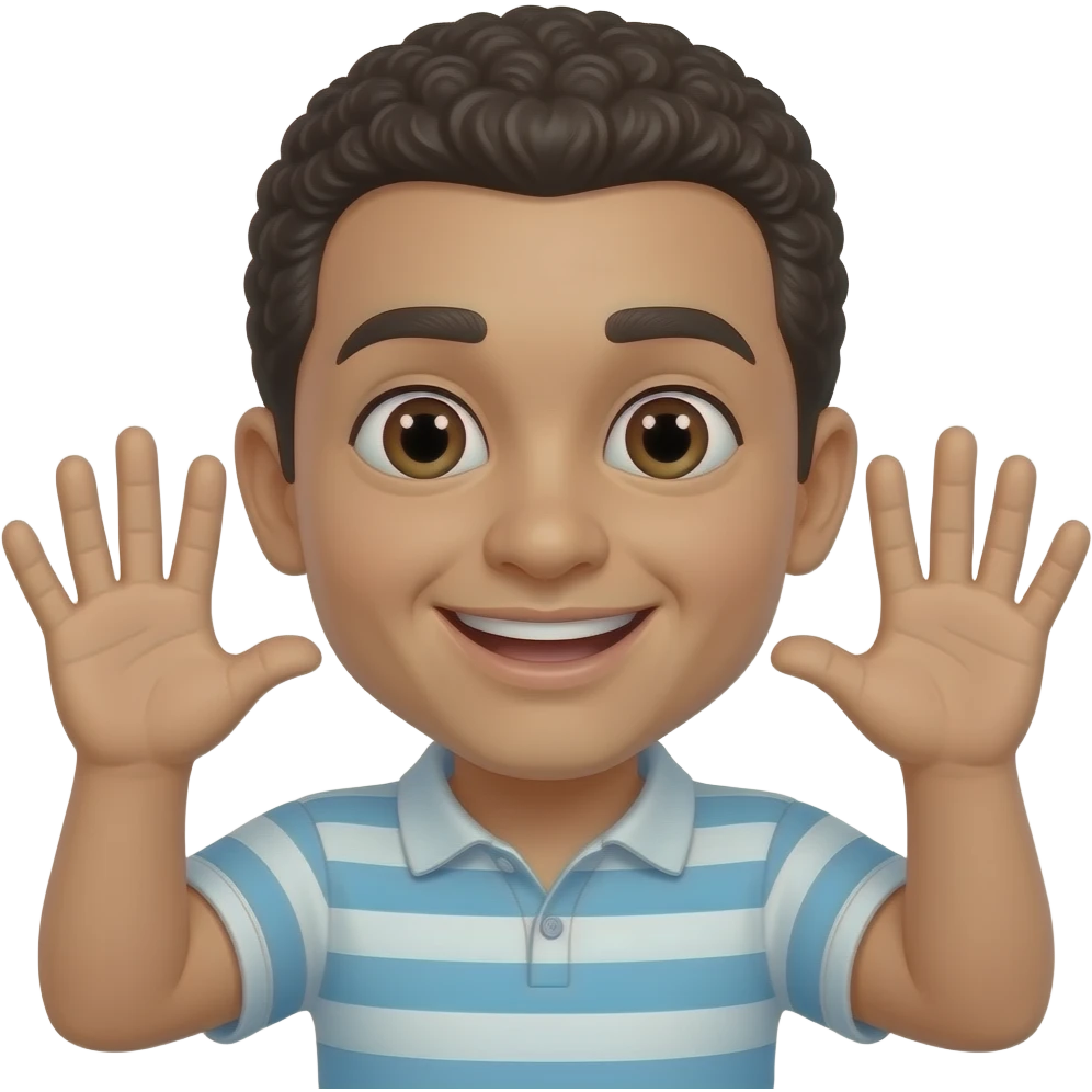 a playful pose with both hands raised near the face, each hand showing three fingers emoji
