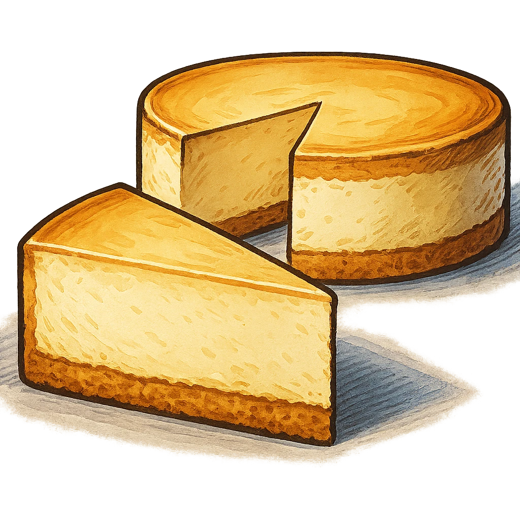 В слегка рисованном, но при этом ярком и объемном стиле с четкими линиями составь фотореалистичную композицию, где лежит кусок чизкейк, вырезанный из целого торта, профессиональный свет, подчеркивающий объем, сделай картинку более широкой, прозрачный фон emoji