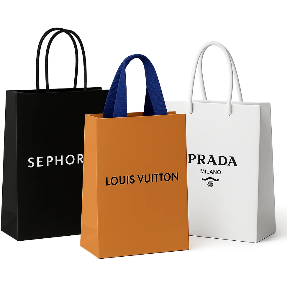 three shopping bags, one with Sephora, one with Louis Vuitton, one with Prada, high-end retail vibe emoji