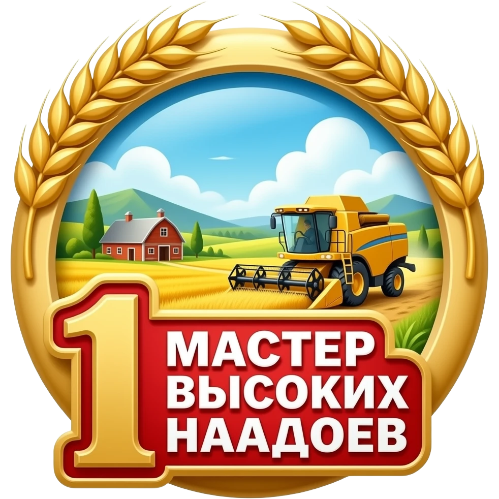 Top: red enamel bar with gold wheat. Lower gold ring: detailed landscape with fields, barn, combine harvester. Foreground dominates: large red-framed golden '1' and distinct Russian text: 'МАСТЕР ВЫСОКИХ НАДОЕВ'. Clean render. emoji