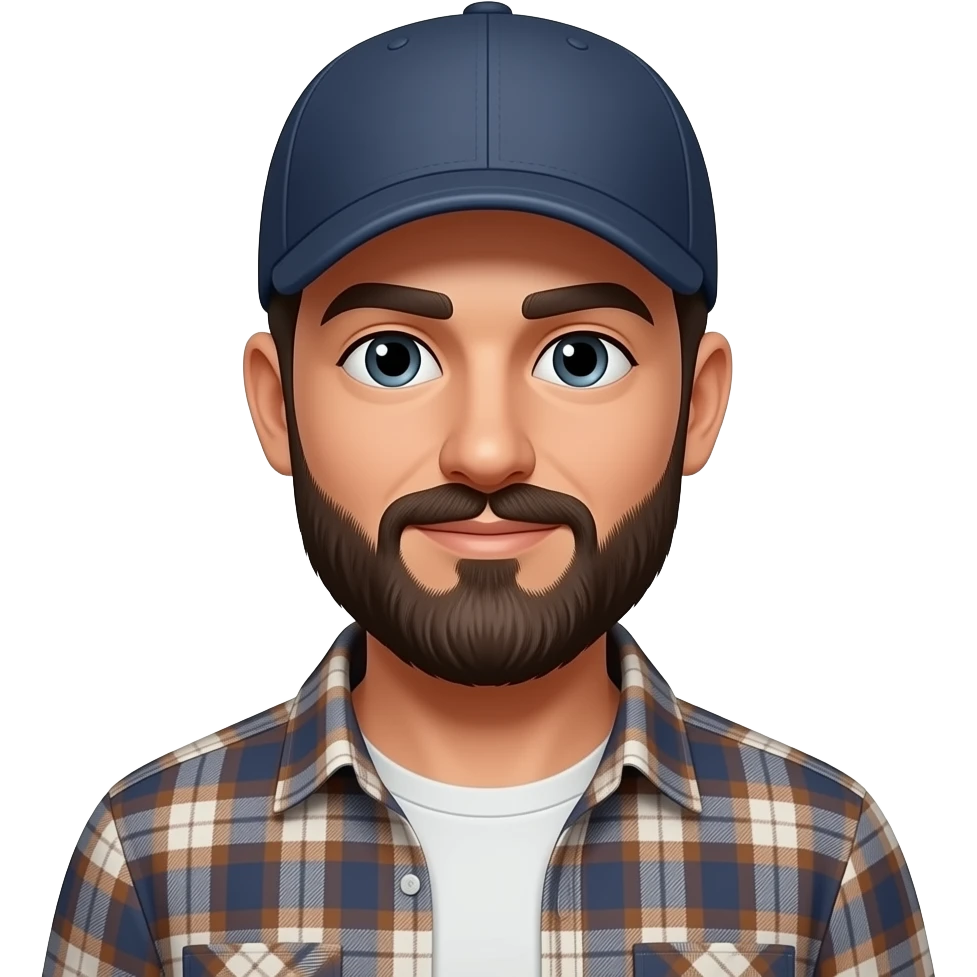 dark hair bearded man wearing baseball cap and flannel shirt emoji