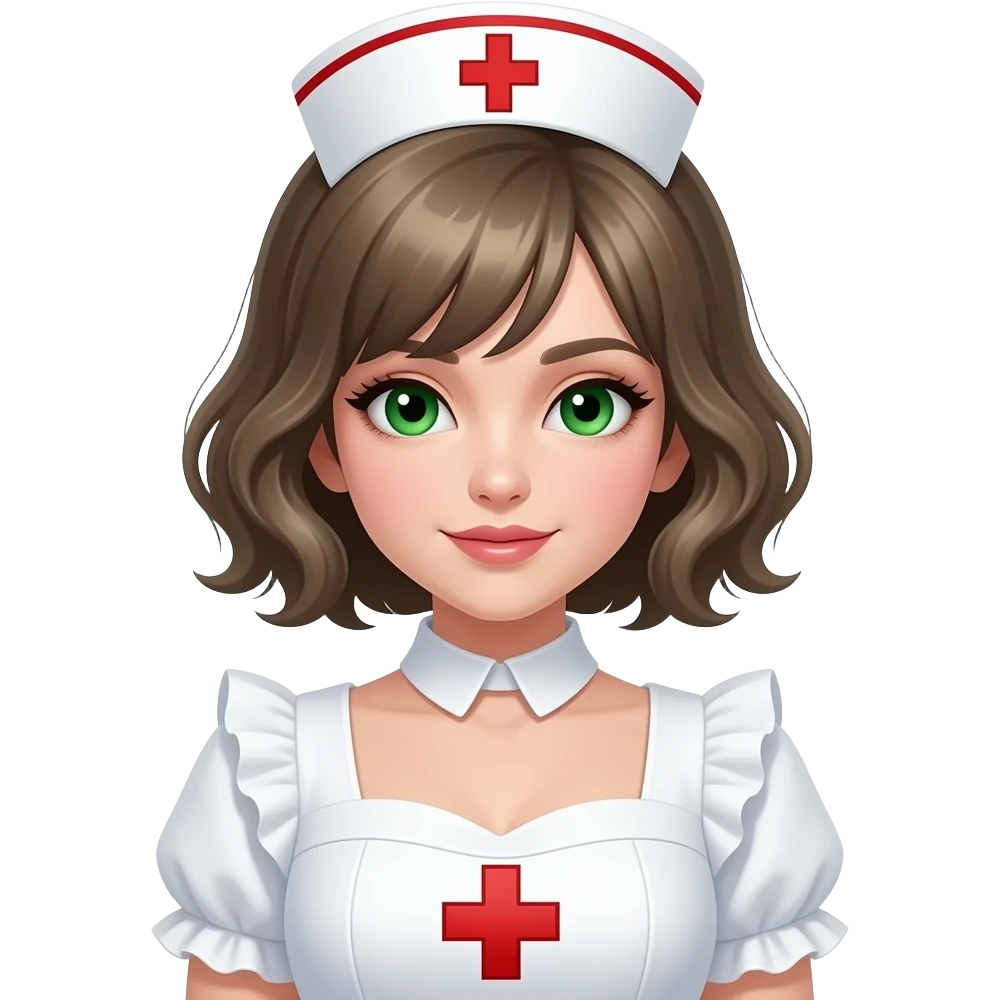 Diva in frilly nurse costume. Short darkblonde hair. Green eyes emoji