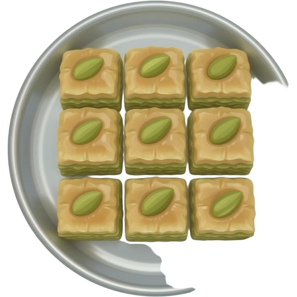 Yuvarlak gümüş bir tepside kare dilimlenmiş 2×3 sıralı toplam 6 adet fıstıklı baklavalar emoji