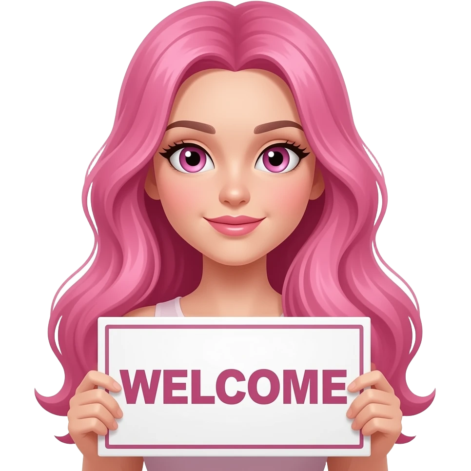 sexy girl with long pink hair and pink eyes wearing a holding a WELCOME sign emoji