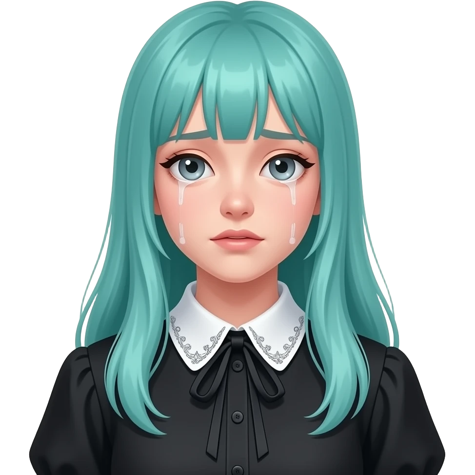 girl, crying, long flowing teal hair, grey eyes, black shoulder cyberpunk blouse with fancy white collar emoji