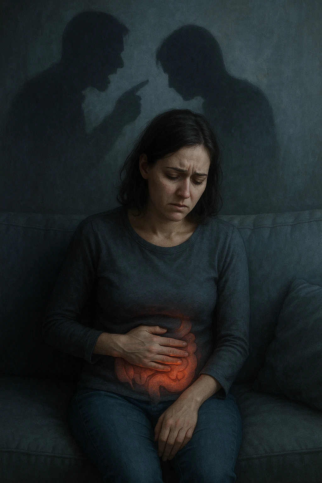 Donna sui 30 anni seduta su un divano, con una mano sull’addome e un'espressione visibilmente provata e triste. Intorno a lei, l’atmosfera è opaca e pesante, con toni freddi. Un’ombra simbolica dietro di lei rappresenta un evento stressante recente (es. un litigio o una perdita). Sul corpo, un lieve bagliore localizzato nella zona intestinale, a simboleggiare il dolore e l'infiammazione. Ambiente domestico, luci basse, emozione visibile. Stile realistico o metaforico con elementi emozionali e viscerali. emoji