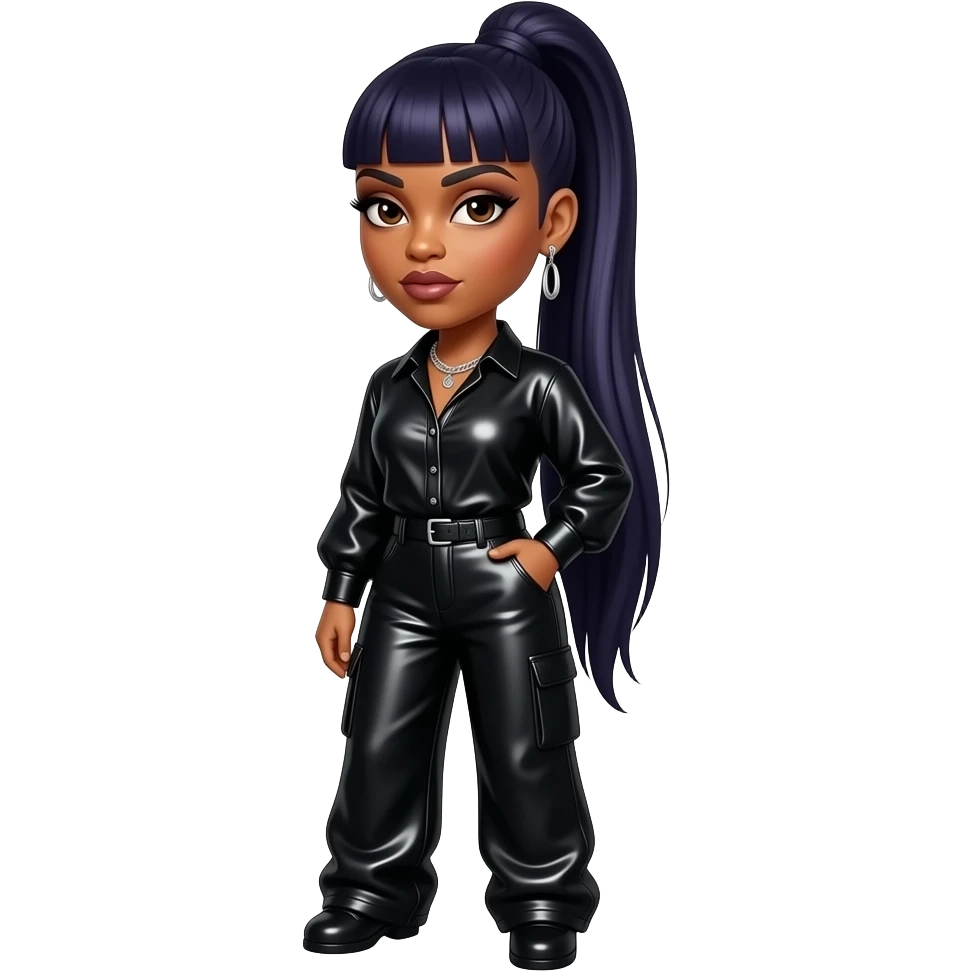 Missy Elliott with dark brown eyes, long dark indigo straight high ponytail hair with bang, black metallic blouse, black metallic long baggy pants, necklace and earrings emoji