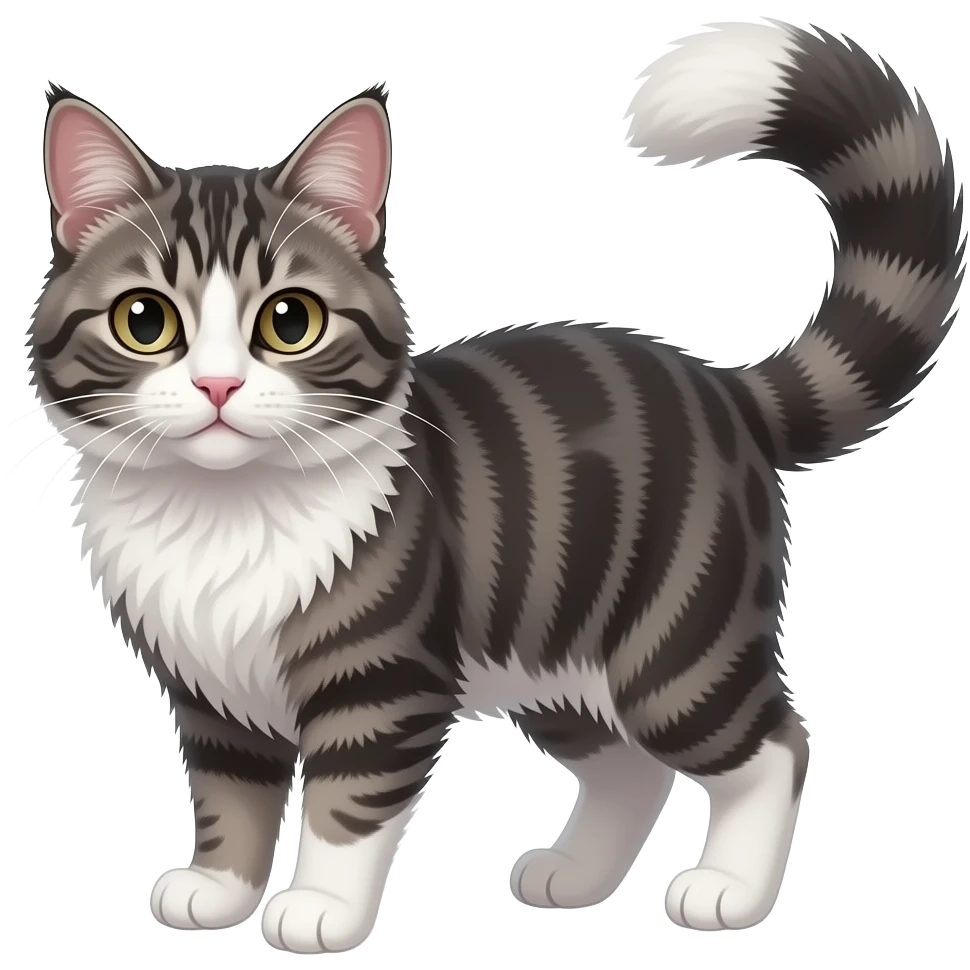 Fuzzy Scottish-Fold-Skookum-Kinkalow-Munchkin-Cat-hybrid with a long thin tufted tapered tail and tufted ears emoji