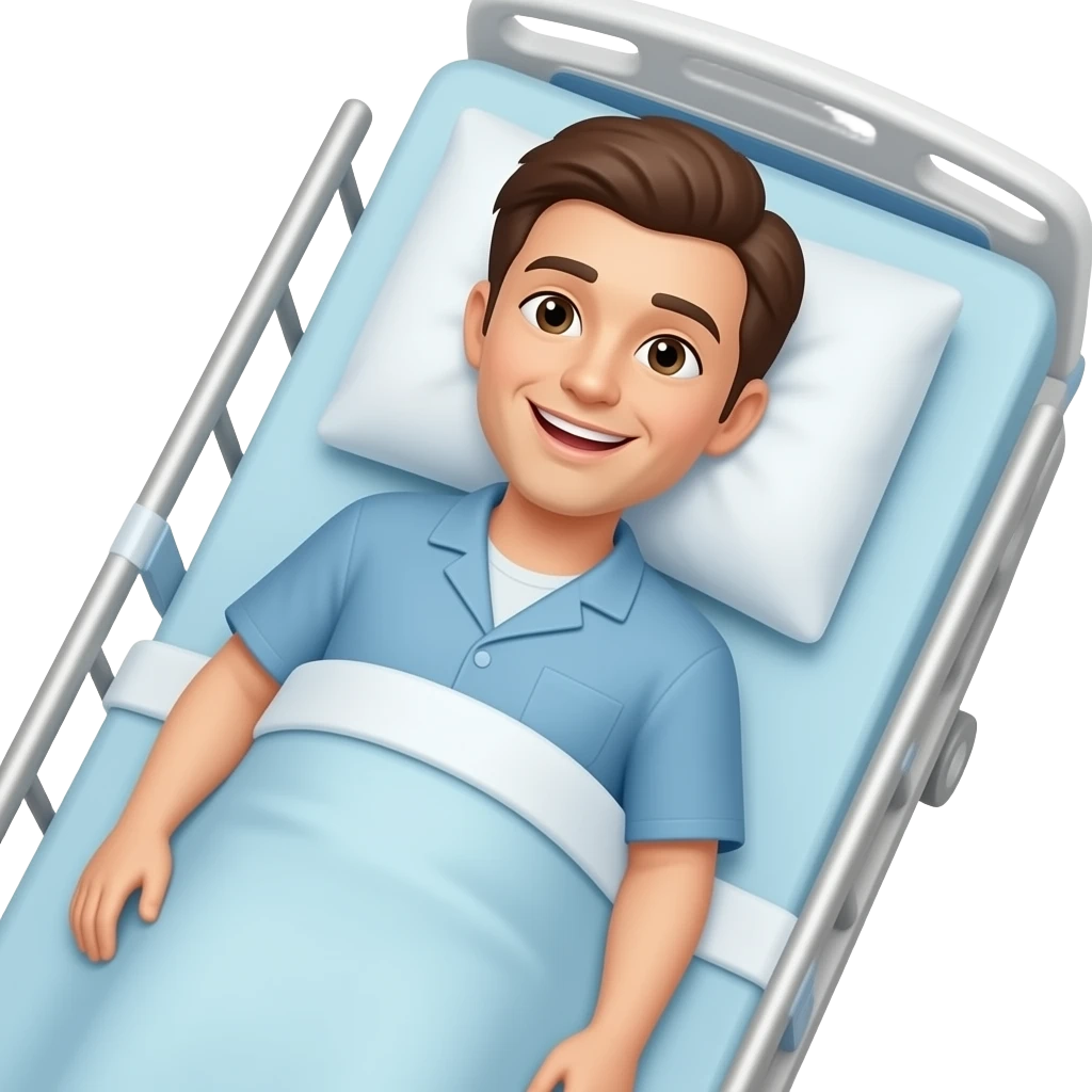 Paciente tumbado en camilla con cara de felicidad visto desde arriba emoji