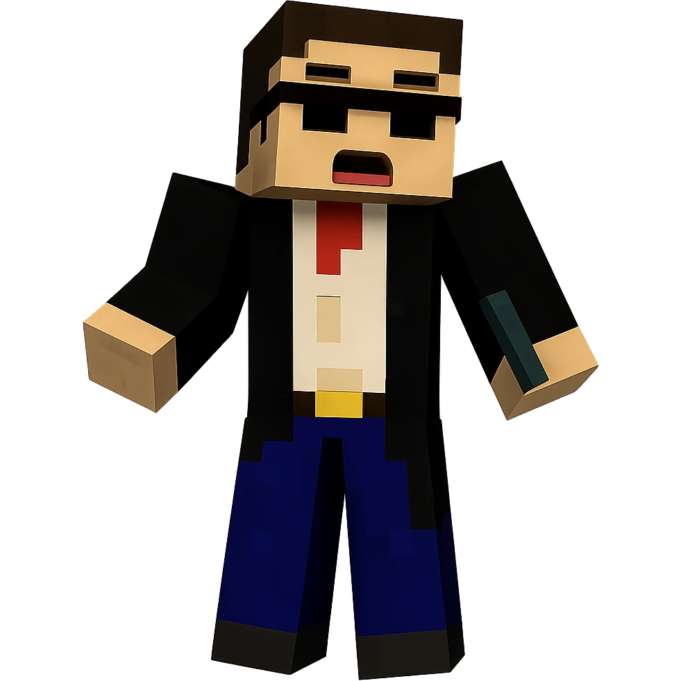 Edit the Minecraft character in the suit and sunglasses to have a surprised facial expression with open mouth and raised brow. Keep the pose, outfit, and quality exactly the same. Transparent background. emoji