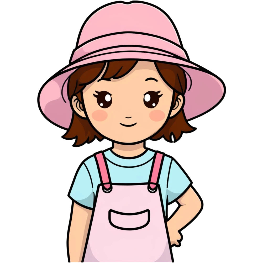 Girl with brown hair and brown eyes with a few freckles wearing pink sun hat emoji
