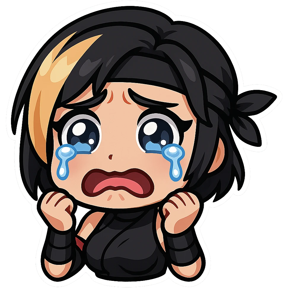 Sexy chibi ninja girl with black short hair and a blonde streak, only head and arms, colorful chibi style with bold outlines, transparent background, no mask, crying face with big teary eyes and a trembling mouth, sized for Twitch emoji use. emoji