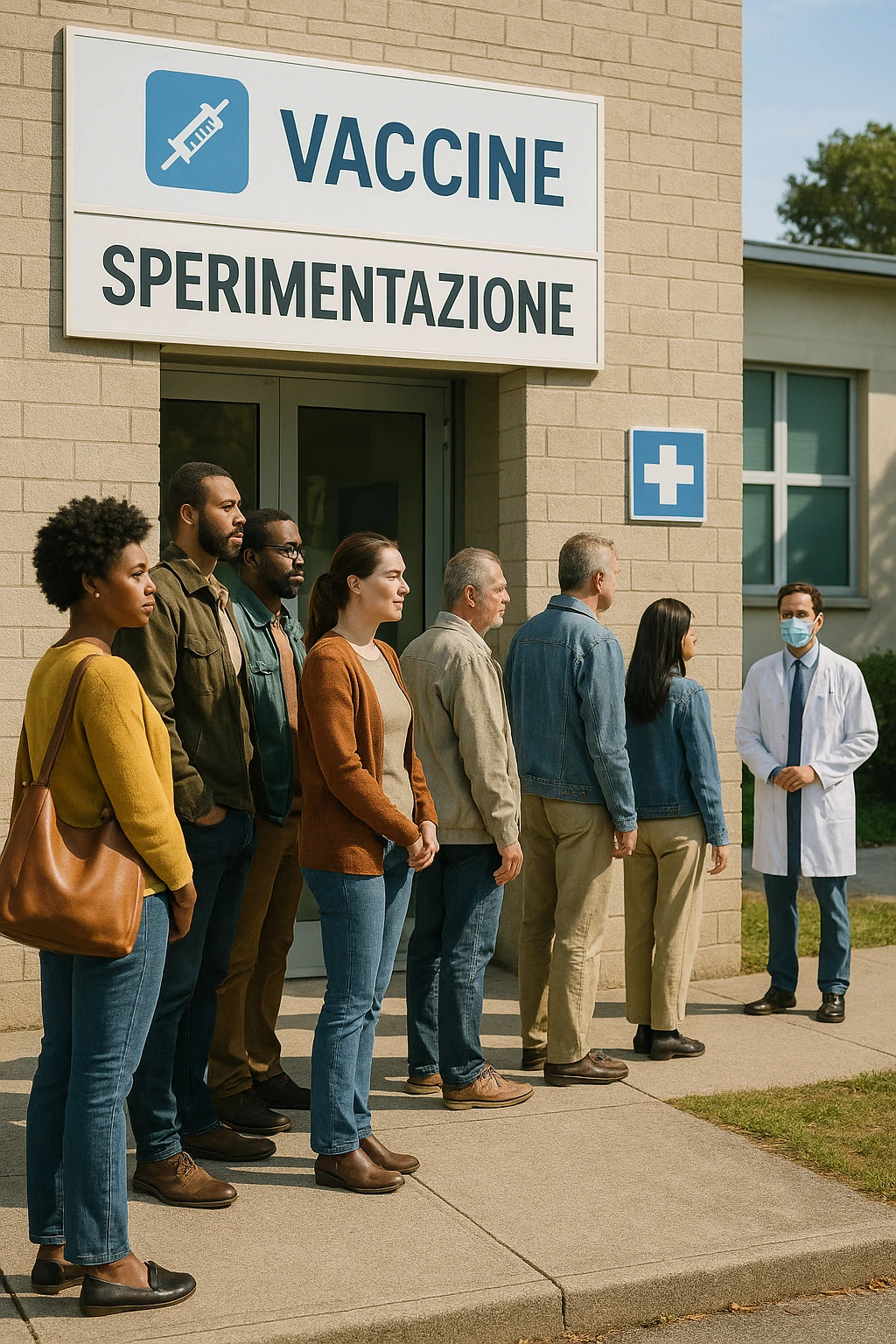 donne e uomini che fanno fila per i vaccini, chiamati "Sperimentazione" emoji