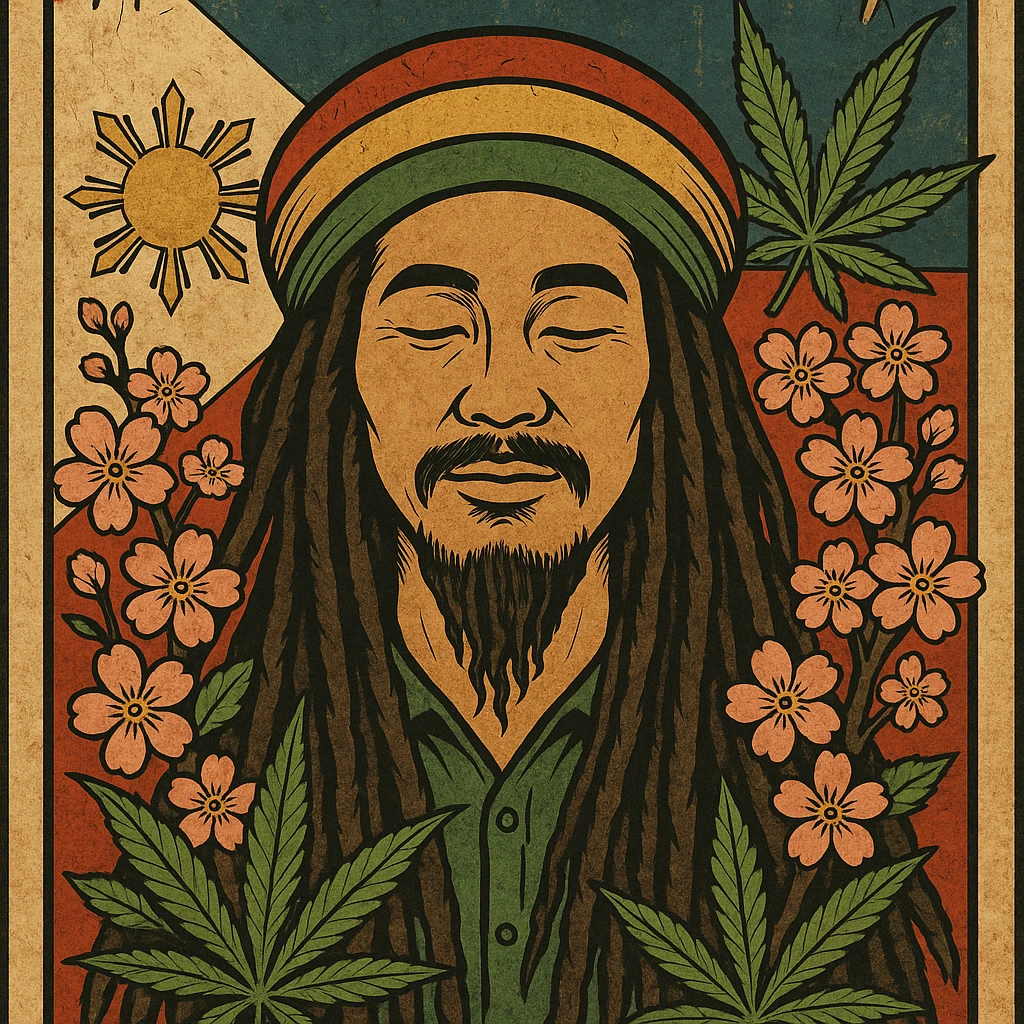 Vintage poster of an Asian Rasta with long dreadlocks, peaceful eyes, and a red-gold-green tam. Surrounded by cherry blossoms and ganja leaves. Background Asian flag. Retro reggae fusion vibe, with bold lines and aged paper texture. Philippines with the actual flag
 emoji
