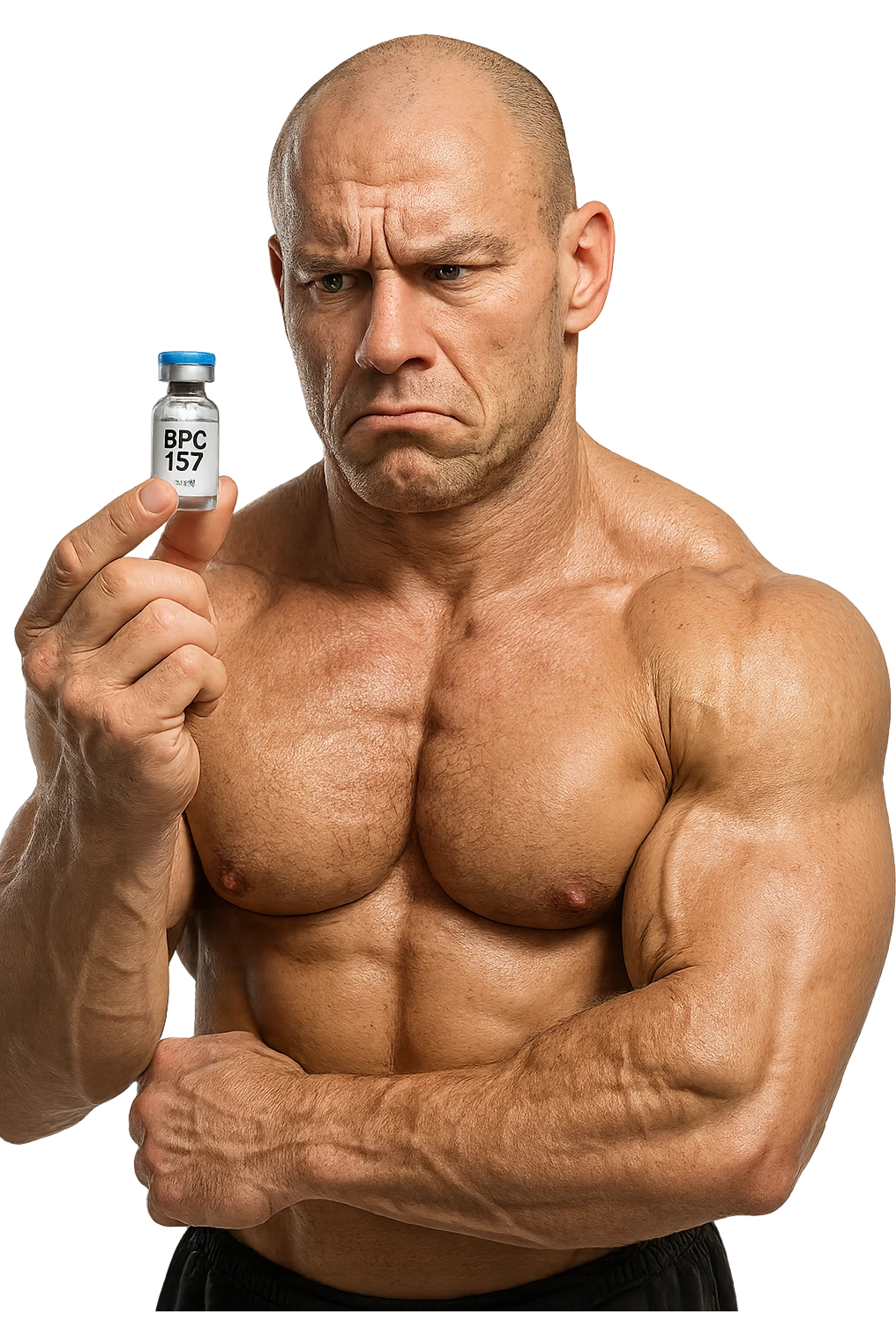 BODYBUILDER CHE TIENE IN MANO UNA FIALA MEDICA CON la scritta "BPC 157" SULL'ETICHETTA E LA GUARDA DUBBIOSO, iperrealistico 4k emoji