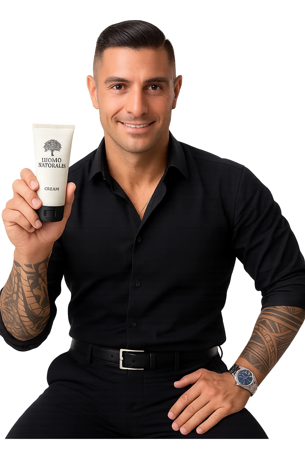 uomo con in mano un prodotto crema di marca "Homo Naturalis" emoji