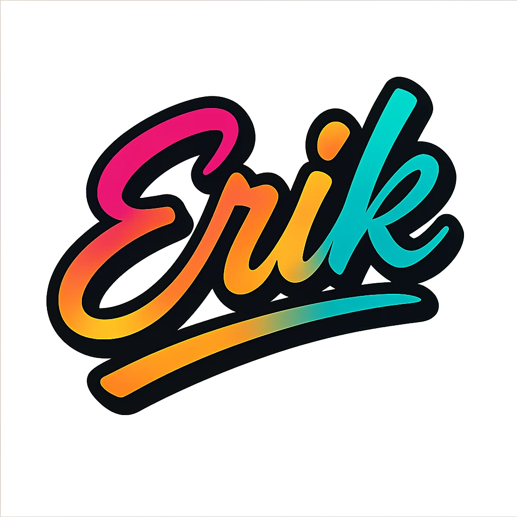 The name Erik in a modern, colorful gradient font with a dark outline, on a transparent background, with the name underlined or partially underlined with a dynamic, slanted underline, in the style of the sample images. emoji