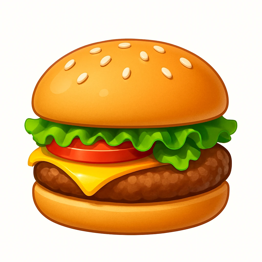 A classic single patty hamburger emoji,, glossy and colorful. Soft rounded bun with sesame seeds, one beef patty, fresh lettuce, ONE tomato slice, melted cheese, realistic but cartoonish look, clean white background emoji