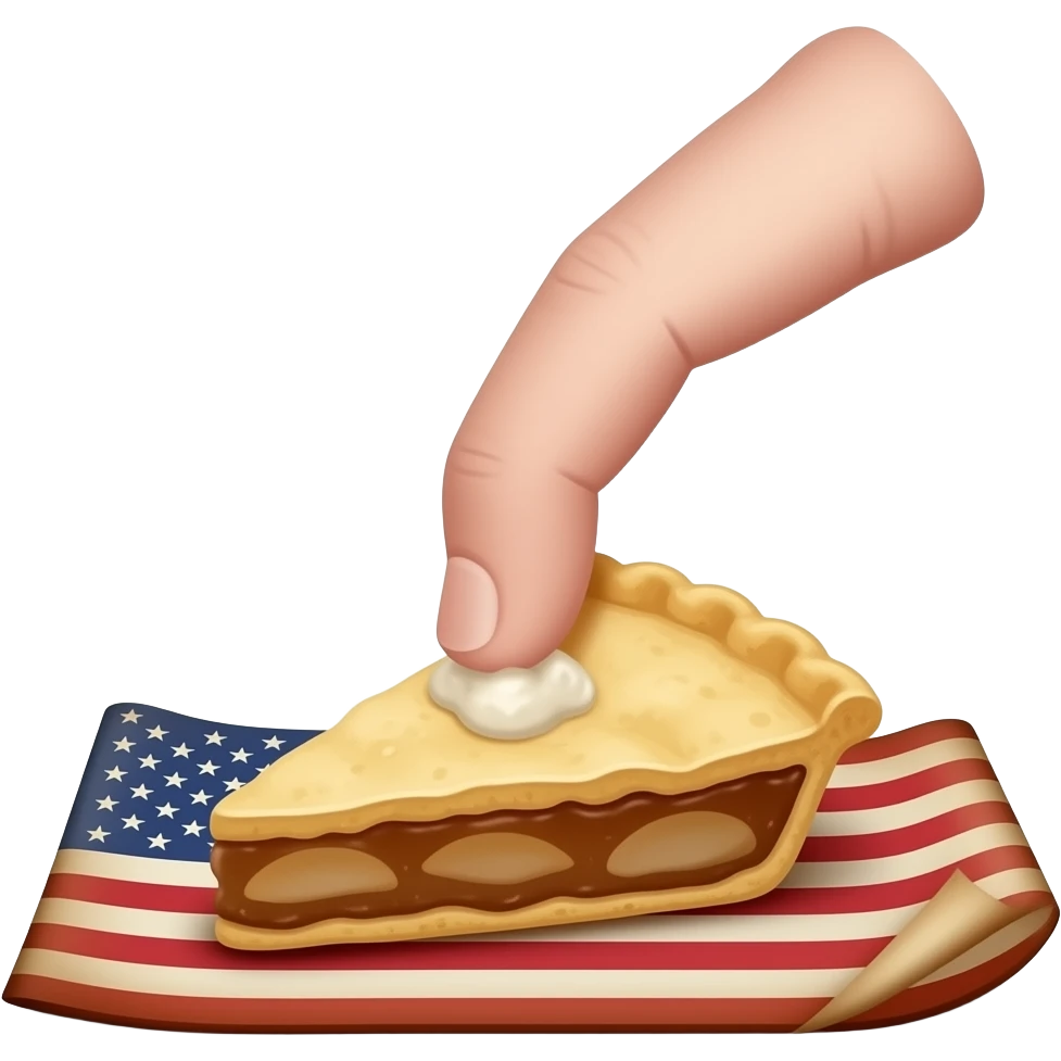 a finger dipped in a piece of apple pie placed on a rolled up old American flag emoji